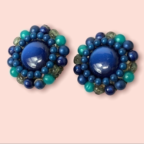 Vintage blue abstract floral clip earrings - Picture 1 of 2